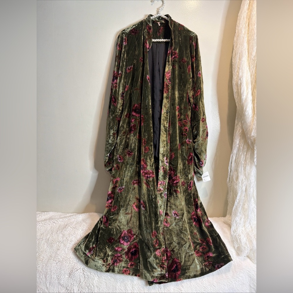 FREE PEOPLE Printed Dhalia Velvet Duster Ruched Tassels Sleeve Longline Jacket M - Picture 2 of 7